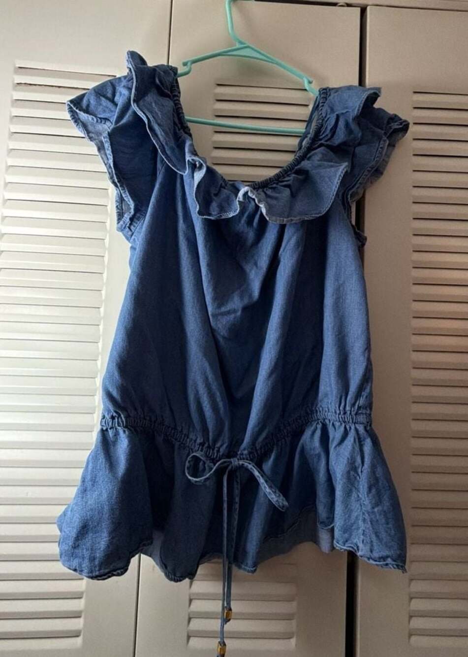Michael Kors Women's Blue Denim Ruffle Peplum Top with Logo Tassels
